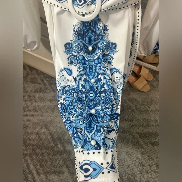 Coastal Paisley Print Floral Long Sleeve Pearl Button Summer Belted Dress✨ - Picture 6 of 7